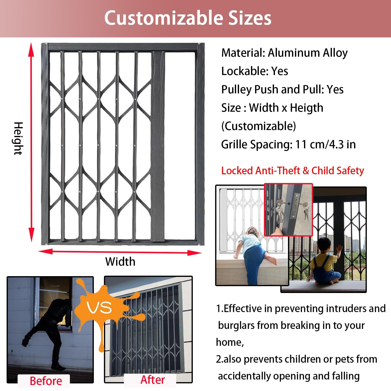 grille de fenêtre antivol Fenêtre Pliante Anti-eff Barrière de sécurité for fenêtre, avec double verrouillage et clé, for la des enfants, tout-petits(3.0x3.7ft/90x110cm)