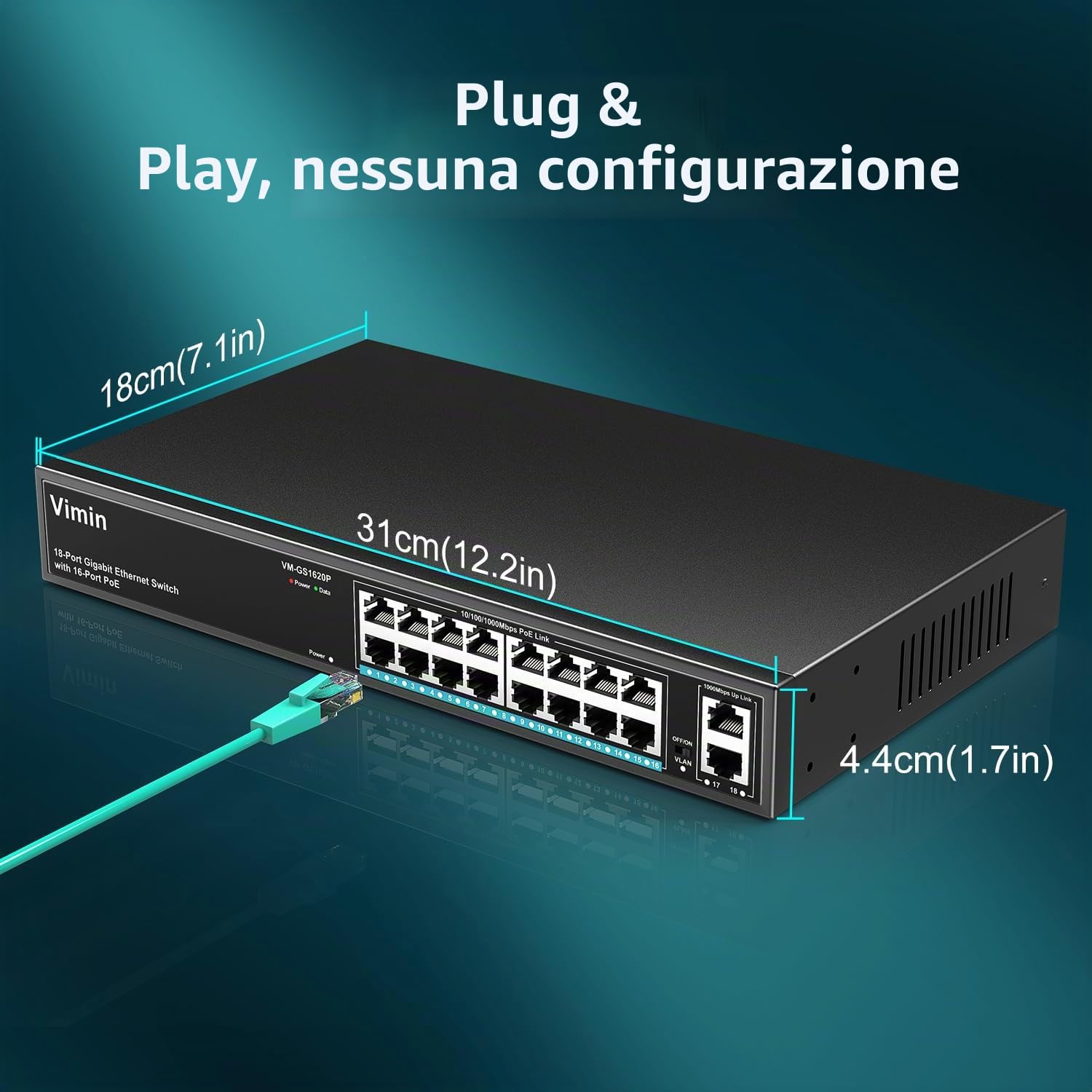 VIMIN Switch Poe Gigabit a 16 Porte con 2 Porta di Collegamento Gigabit, Switch Ethernet Poe Non Gestito a 18 Porte con Alimentazione di 250W, Supporto IEEE802.3af/at, VLAN, Involucro in Metallo