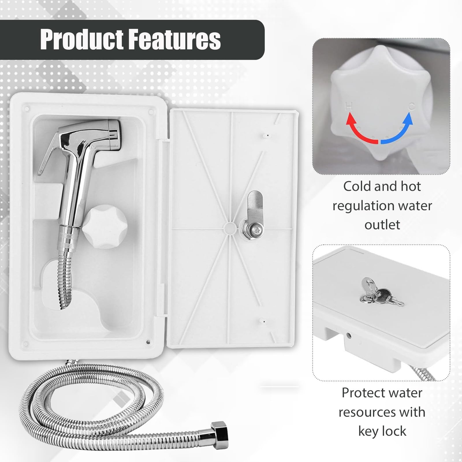 Ducha Extensible para Autocaravana Blanca con Manguera Metálica 1.5 M, Válvula Calor/Frío, Kit para Barco y Camping con Caja