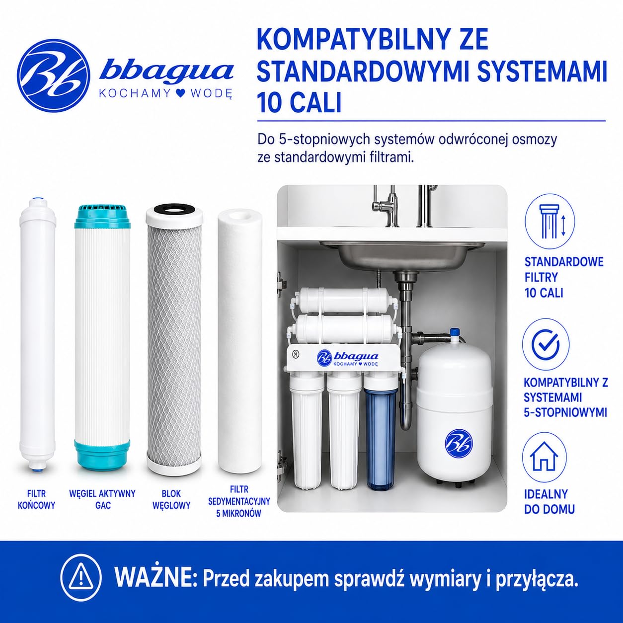Zestaw 4 filtrów do wody do standardowego sprzętu do odwróconej osmozy. 1 osad, 1 węgiel GAC, 1 węgiel blokowy i 1 filtr końcowy z orzecha kokosowego. Wymieniaj raz w roku. Bbagua.