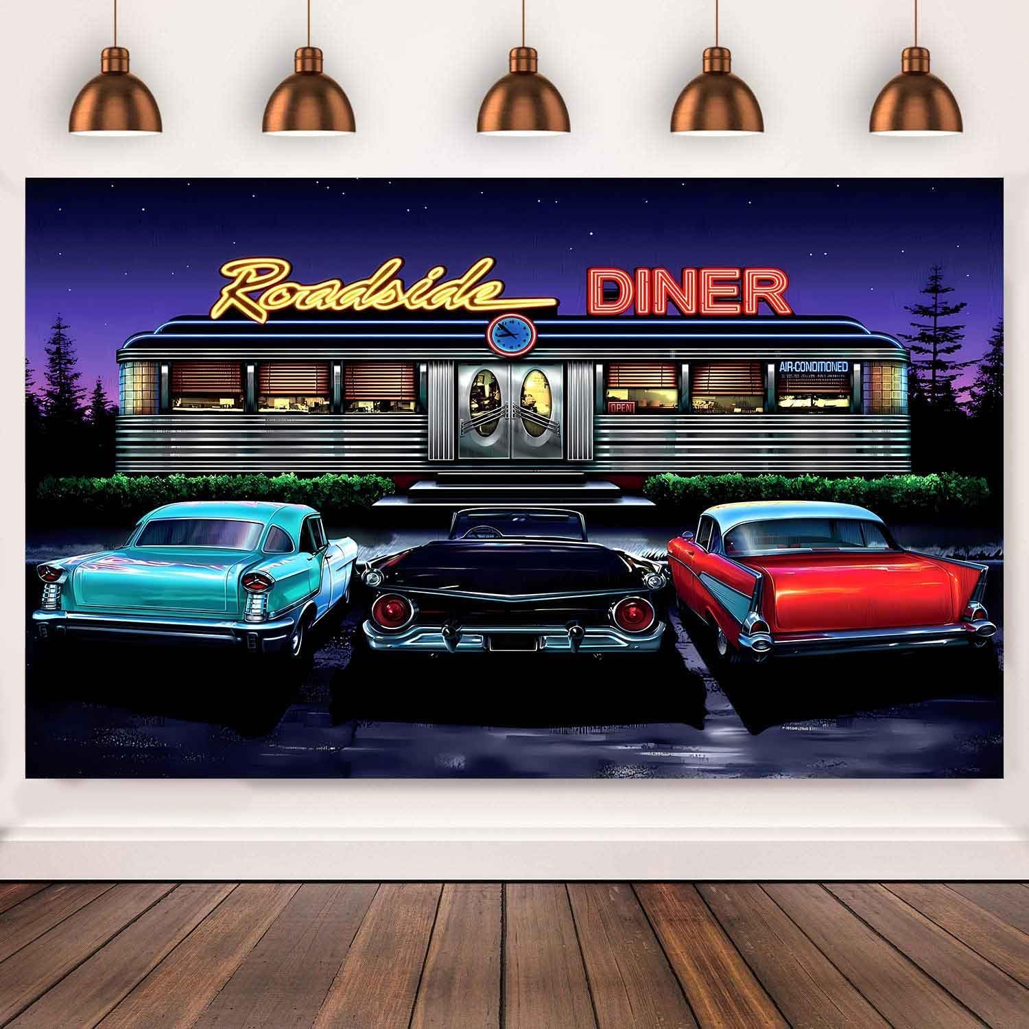 TYOOFD 50s Retro Restaurant Backdrop Vintage Car Classic Car Roadside Restaurant Photo Background 60s Adult Vintage Party Decoration Background
