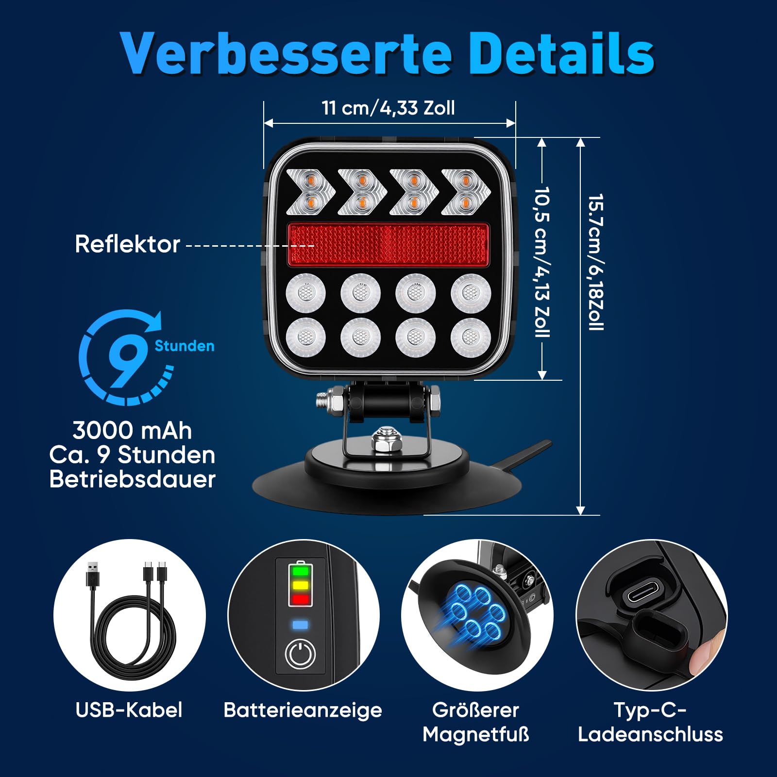 BlumWay Magnetische kabellose Anhängerleuchten, verbessertes 2,4GHz-Sender mit 3000mAh-Akku, Beleuchtungsset für Lkw, Boot, Wohnmobil, Fahrzeuge, Übertragungsreichweite bis zu 30 Meter, IP67