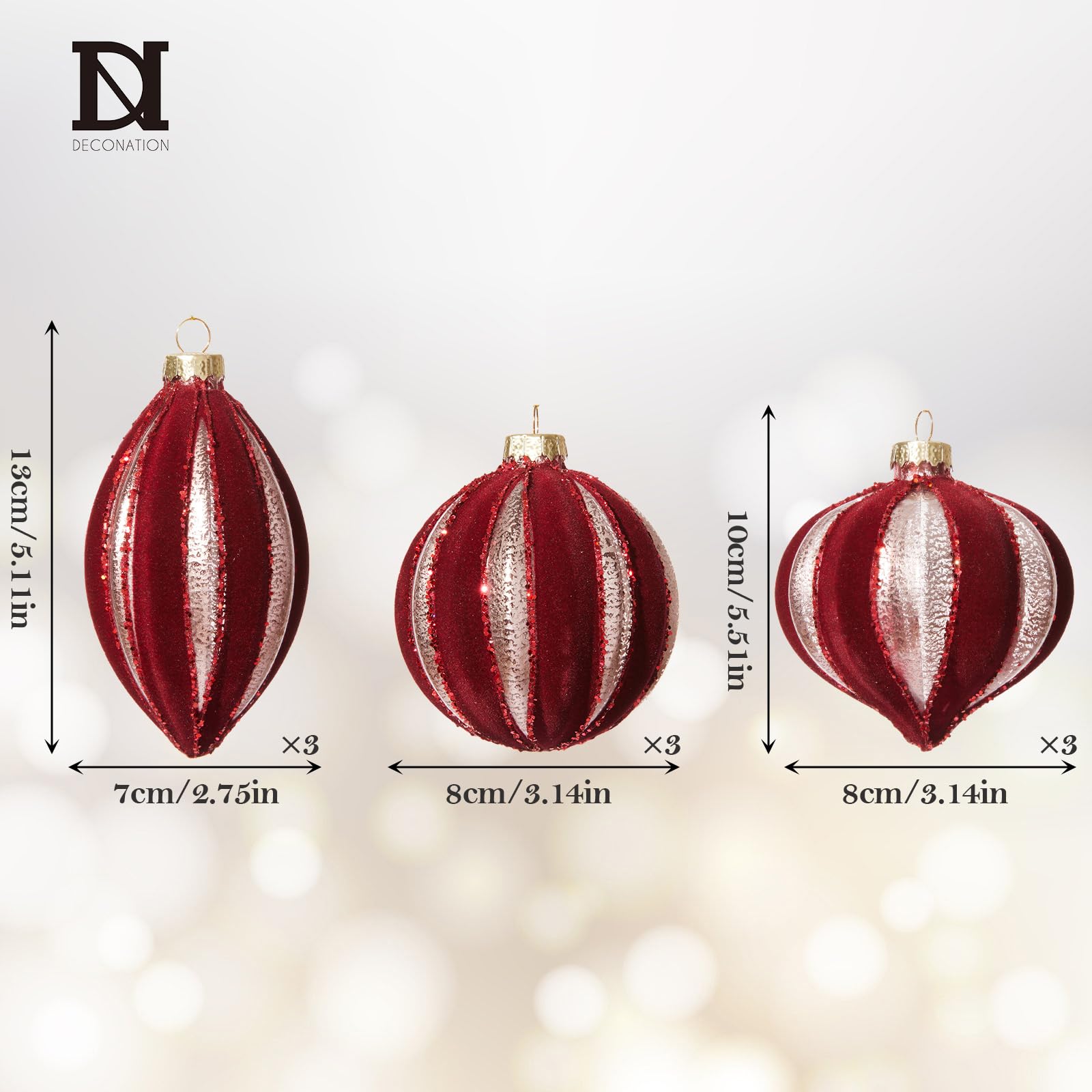 DN DECONATION Weihnachtskugeln Set, 9-teilig - Samtige Christbaumkugeln Rot