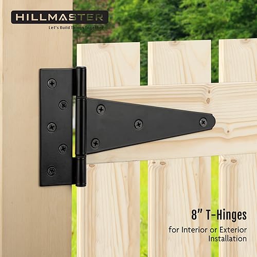 Miniatura 5 de HILLMASTER Correa en T de 8 pulgadas, bisagras de puerta de cobertizo, bisagra negra para cercas de madera, patio, puerta de granero, a prueba de