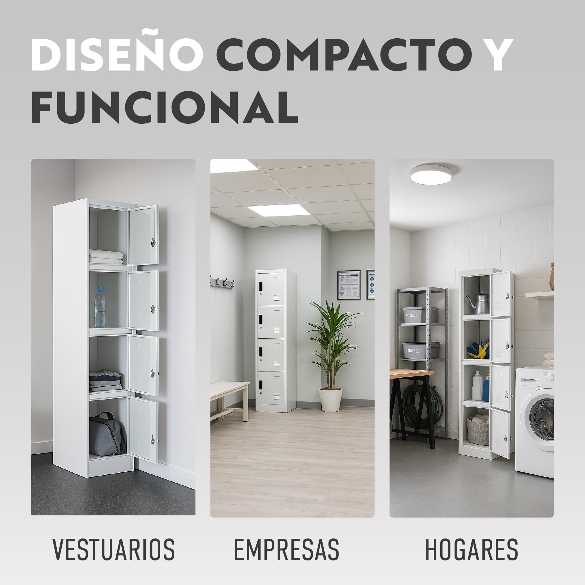 Taquilla Vestuario metálica 4 Puertas Blanca RAL 9016-185x38x45 cm con Cerradura - Incluye Llave | Armario metálico Estrecho para Garaje, Oficina, Gimnasio, Vestuario, Locker Individual