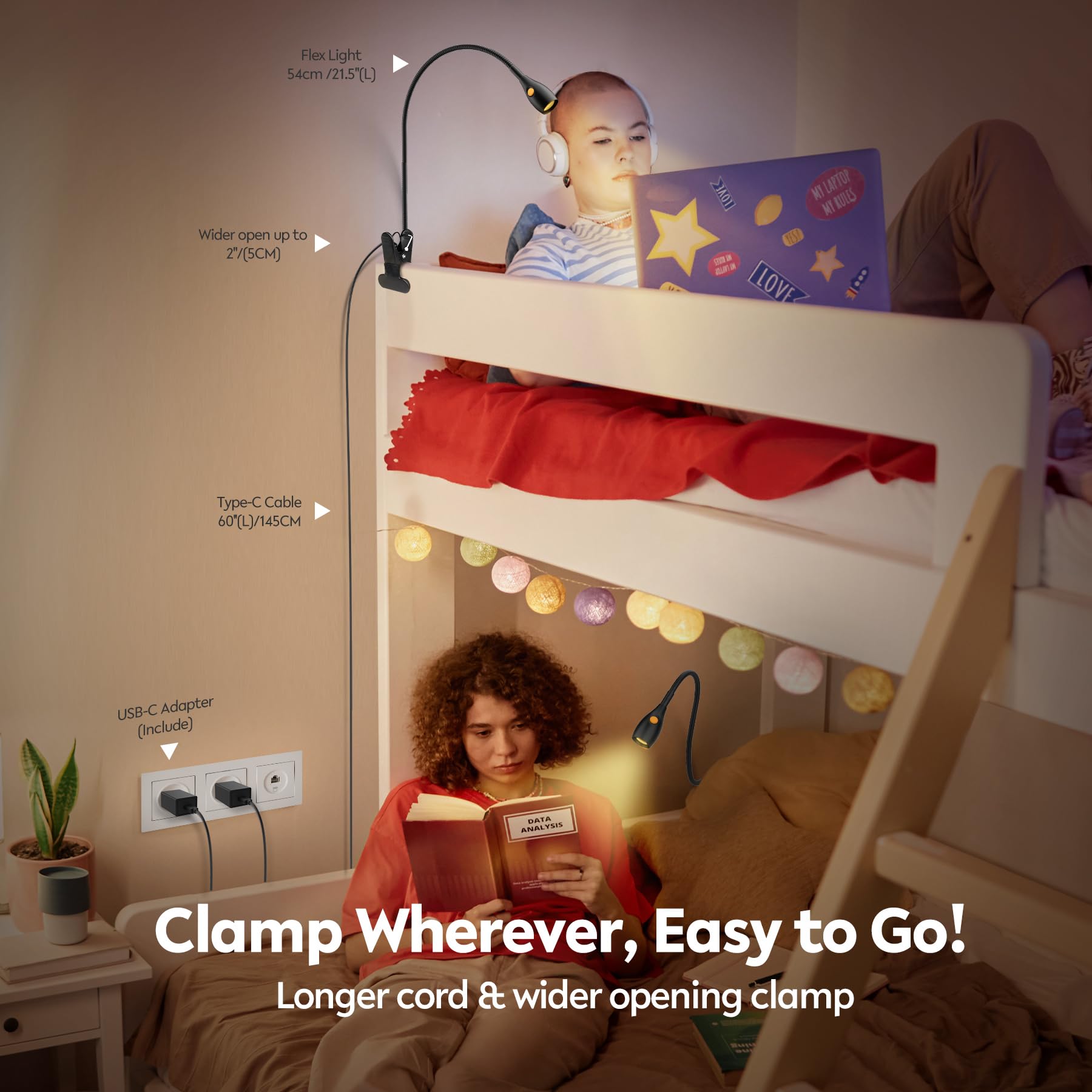 acegoo Luz de lectura minimalista para lámpara de clip, cabecero de cama, luz regulable, luz de libro de 3000 K/luz ámbar con adaptador USB-C, cuello de cisne flexible y práctico interruptor de cabeza