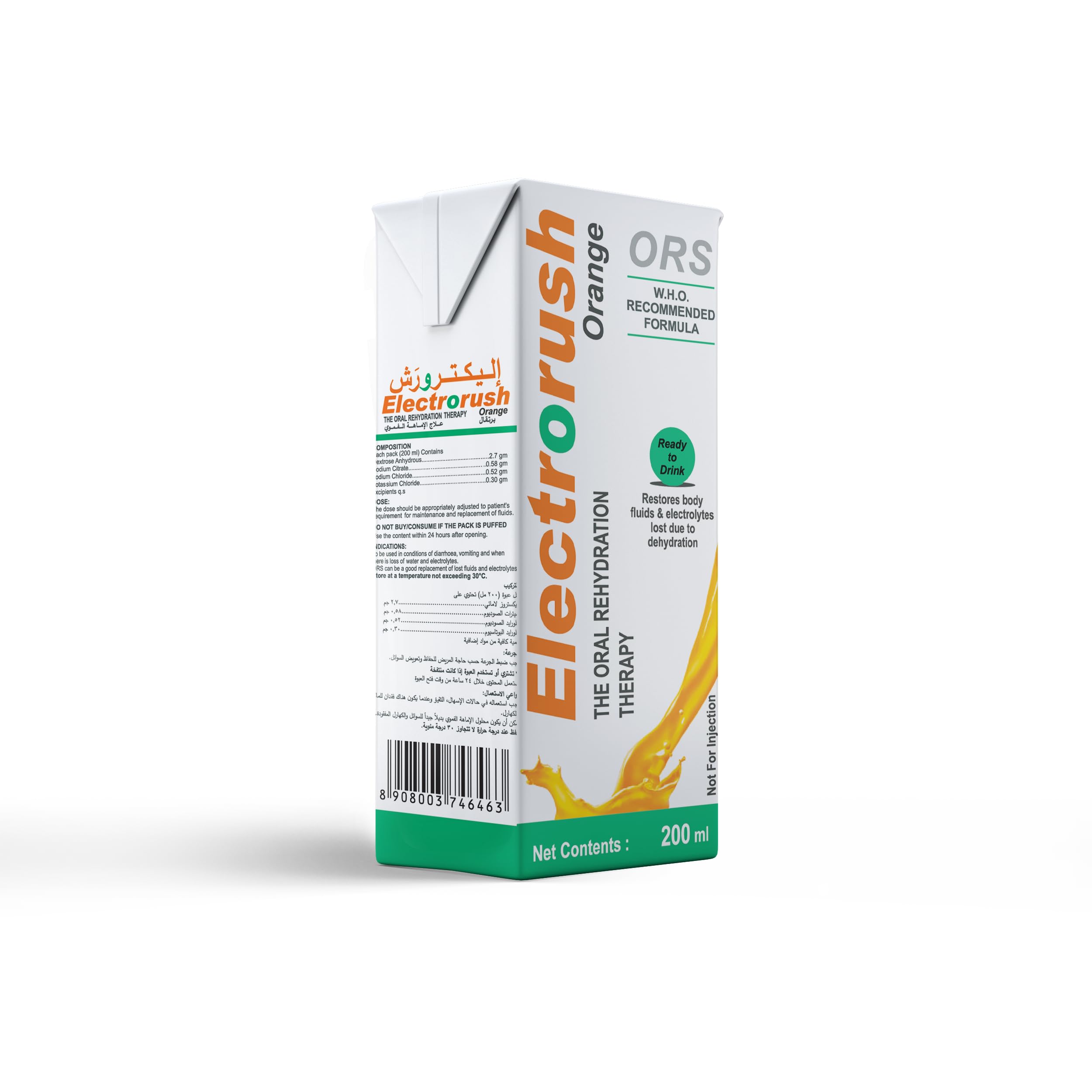 ORS Electrorush Orange Ready-to-Drink Oral Rehydration Solution 200ml – Electrolyte Drink Helps Replenish Fluids and Salts Lost from Heat, Sport and Dehydration, Refreshing Orange Flavour