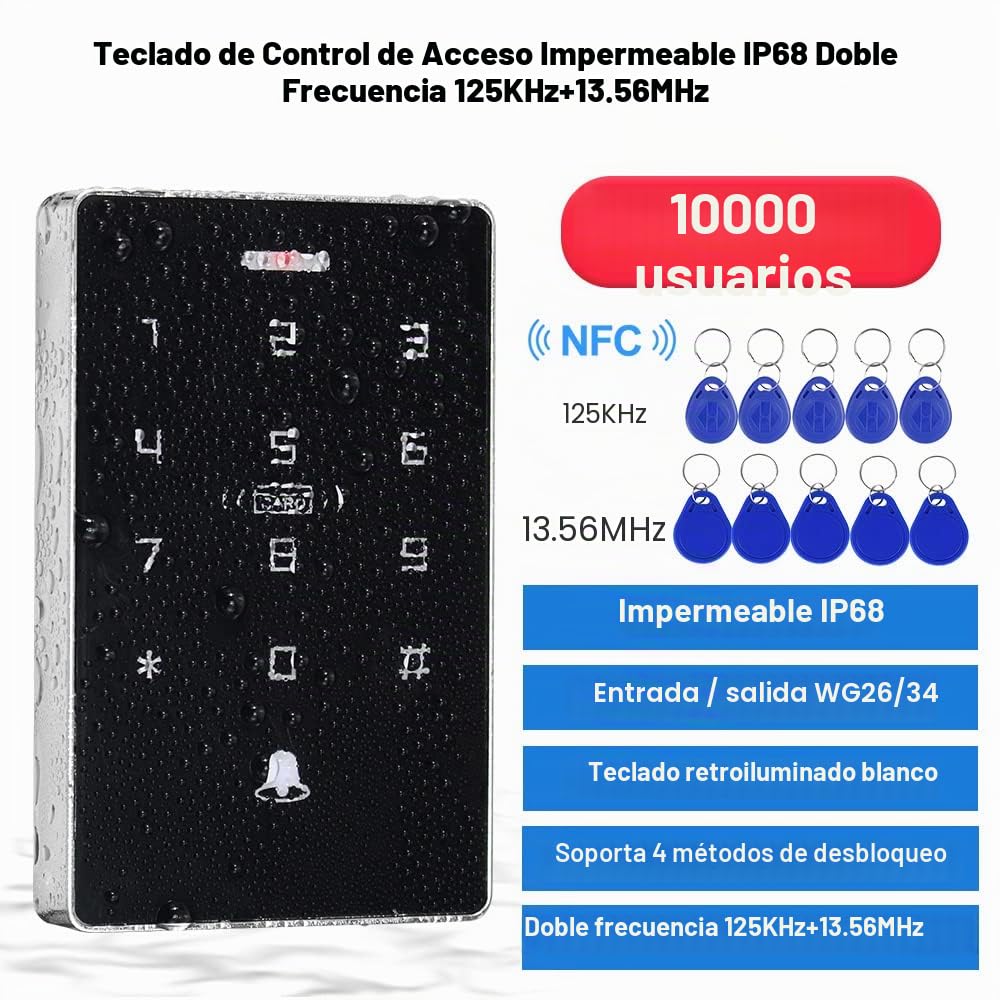 NFC RFID - Teclado de control de acceso IP68, impermeable, doble frecuencia, 125 KHz/13,56 MHz, teclado táctil de contraseña, controlador de acceso, lector de 10000 usuarios
