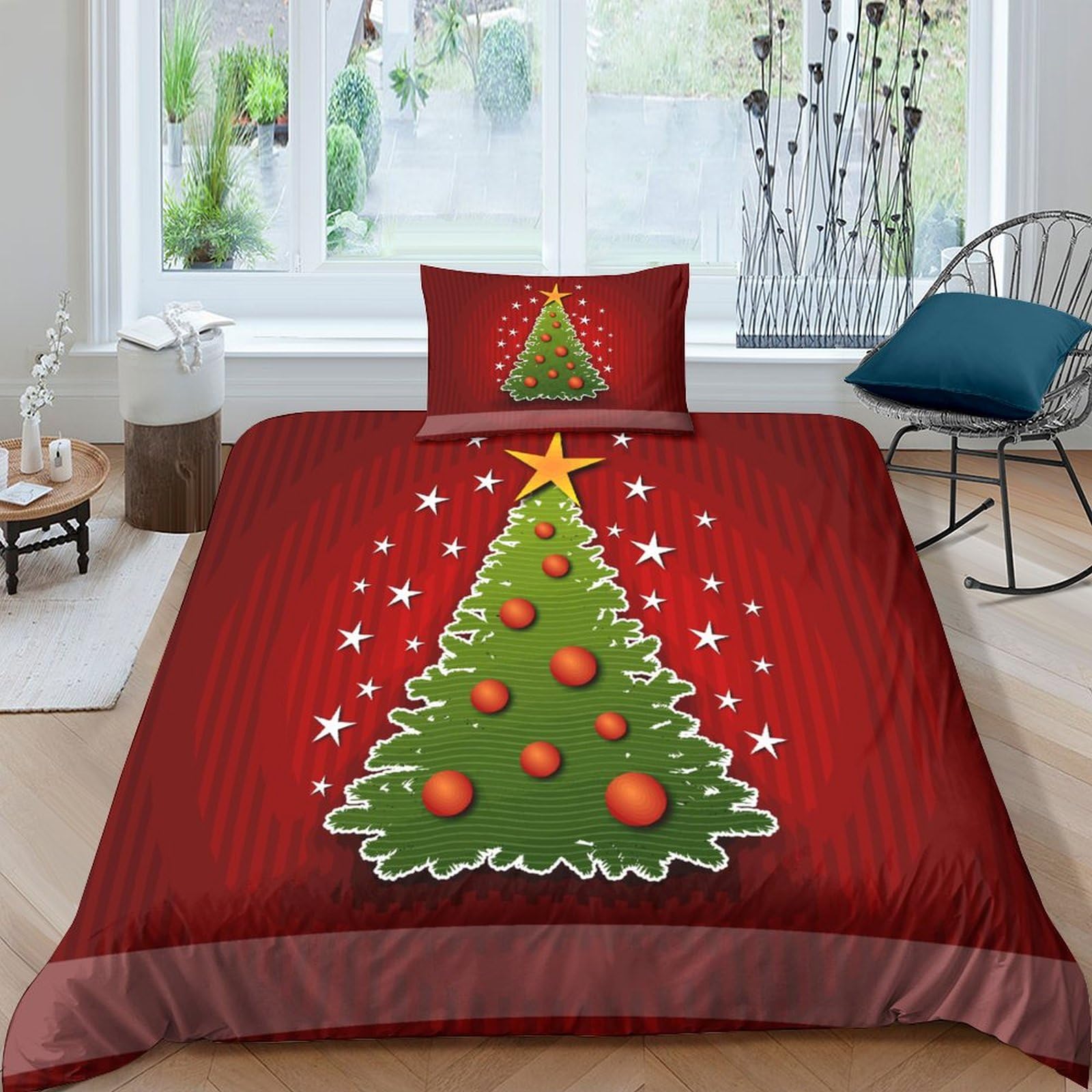 Housse de couette Sapin de Noël 135x200cm avec taies d'oreiller et imprimé étoiles 3D