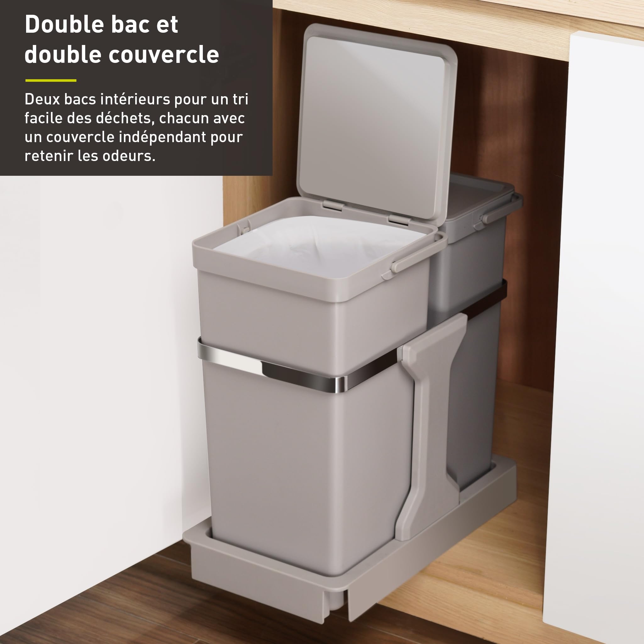 EKO Poubelle Cuisine Double Tri 2 Compartiments 20L + 15L Extractible | sous Évier avec Rails Coulissants | Fermeture Silencieuse Compact Double