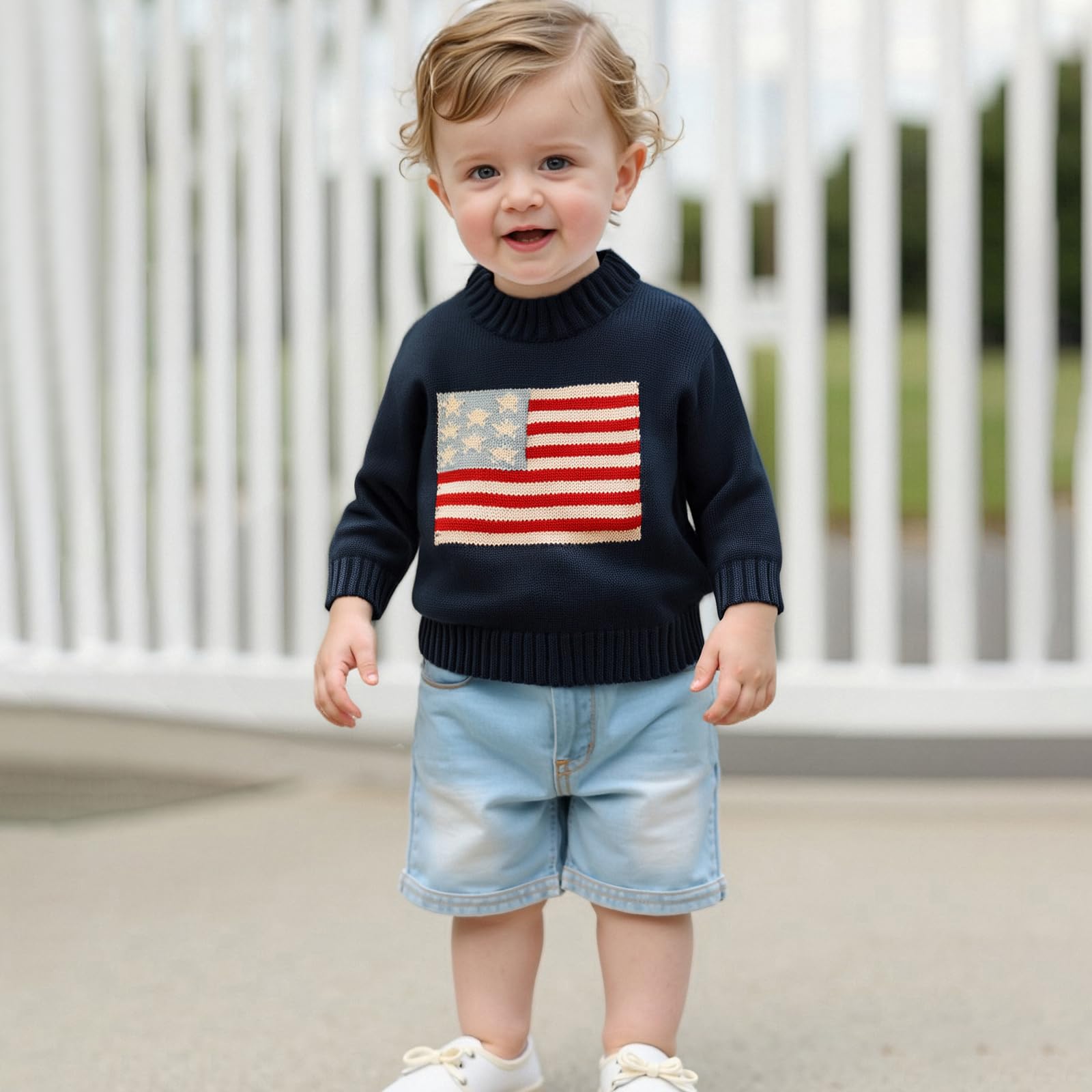 Toddler Baby Boy Girl 4th of July Outfit Long Sleeve Crewneck American Flag Sweater Memorial Day Patriotic Pullover Knit Tops (Blue, 6-9 Months)