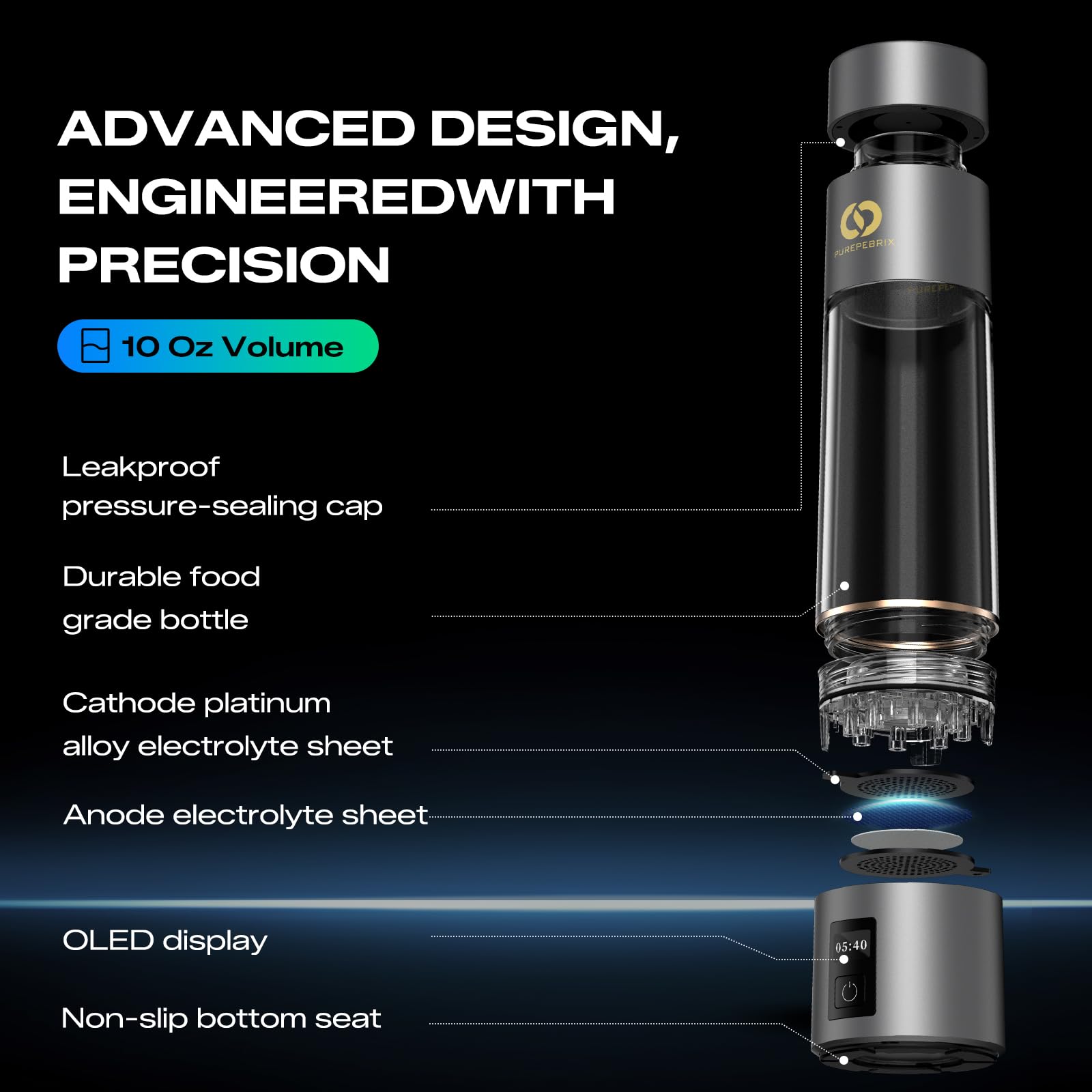 PUREPEBRIX Generador de botellas de agua de hidrógeno (plateado) - Hasta 6360 PPB - Generador H2 certificado - Tecnología SPE/PEM - - Sistema portátil de hidratación y rendimiento atlético