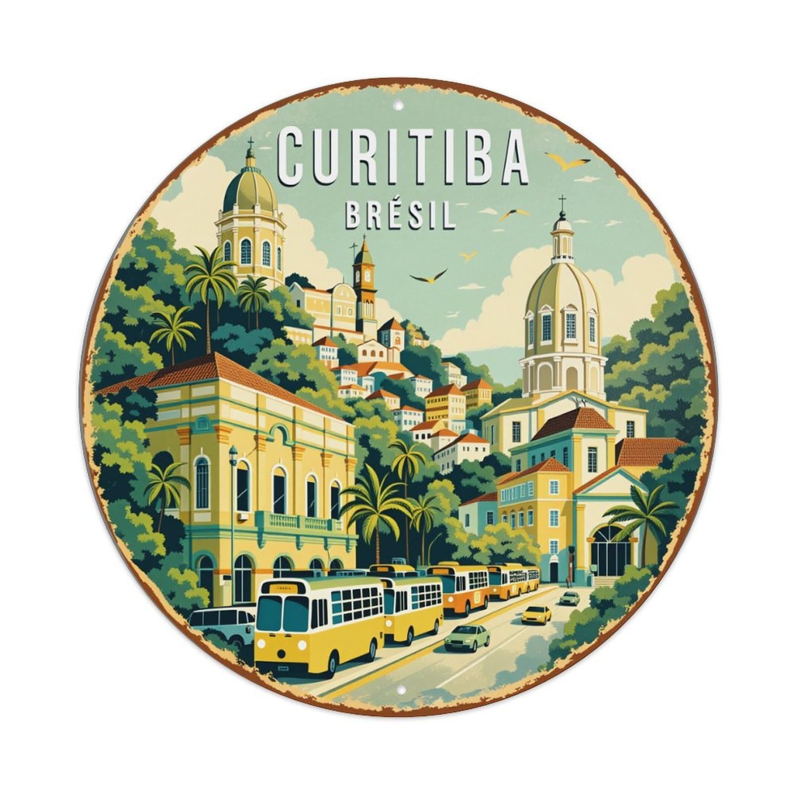 Curitiba Cityscape Brazil Art Print Round Tin Sign Vintage Metal Poster, Home Bar Garage Man Cave Cafe Indoor & Outdoor Wall Decoration 8x8Inches