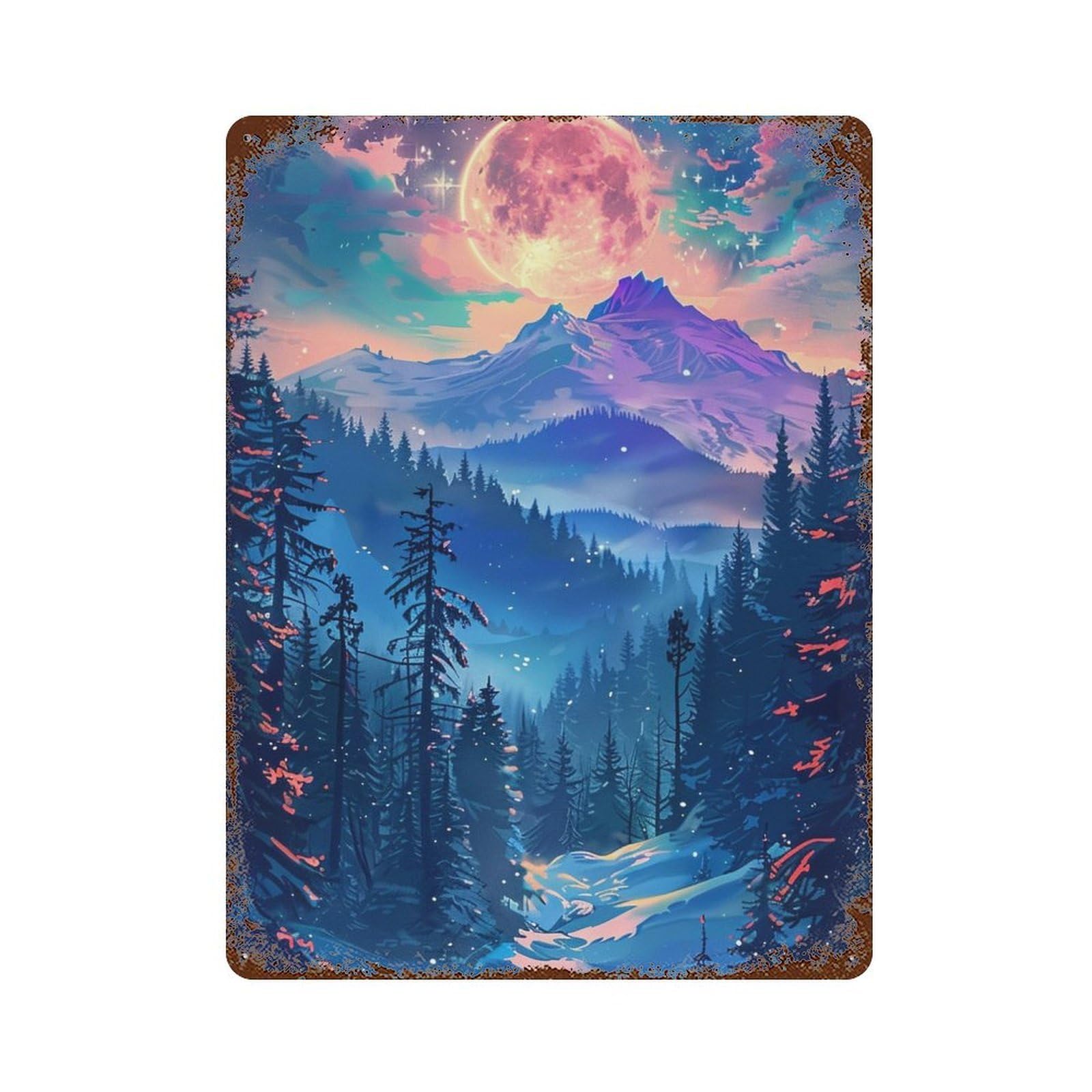 Garage Style Magical Forest Moonlit Night Rust Effect Tin Sign 15.7"x11.8", Shabby Chic Decor for Bar And Workshop