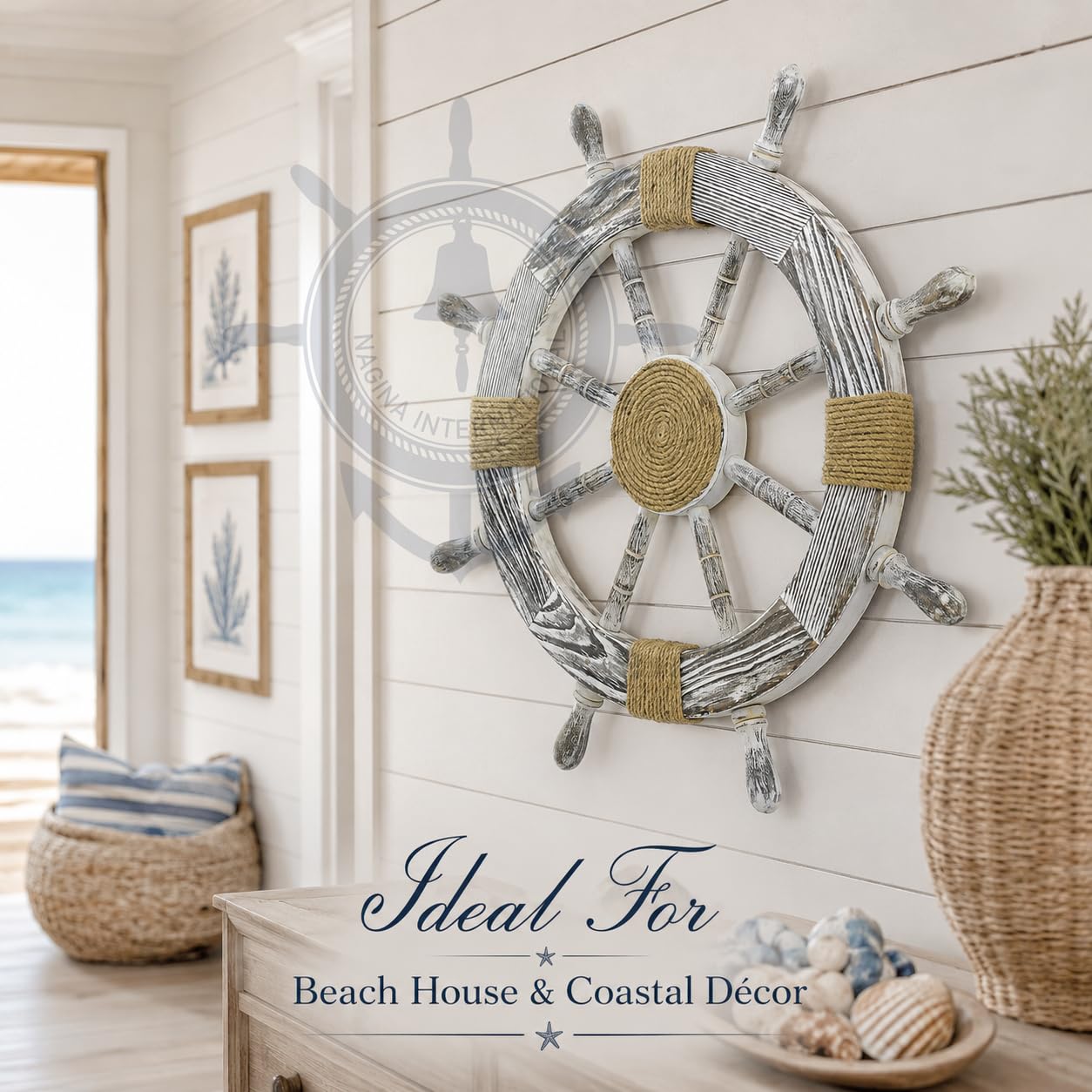 Nagina International 30 "Antique Black Nautical dekorative Premium Kiefernholz Schiff Rad mit Rope Center Motiv - Captain Maritime Beach Home Decor Geschenk