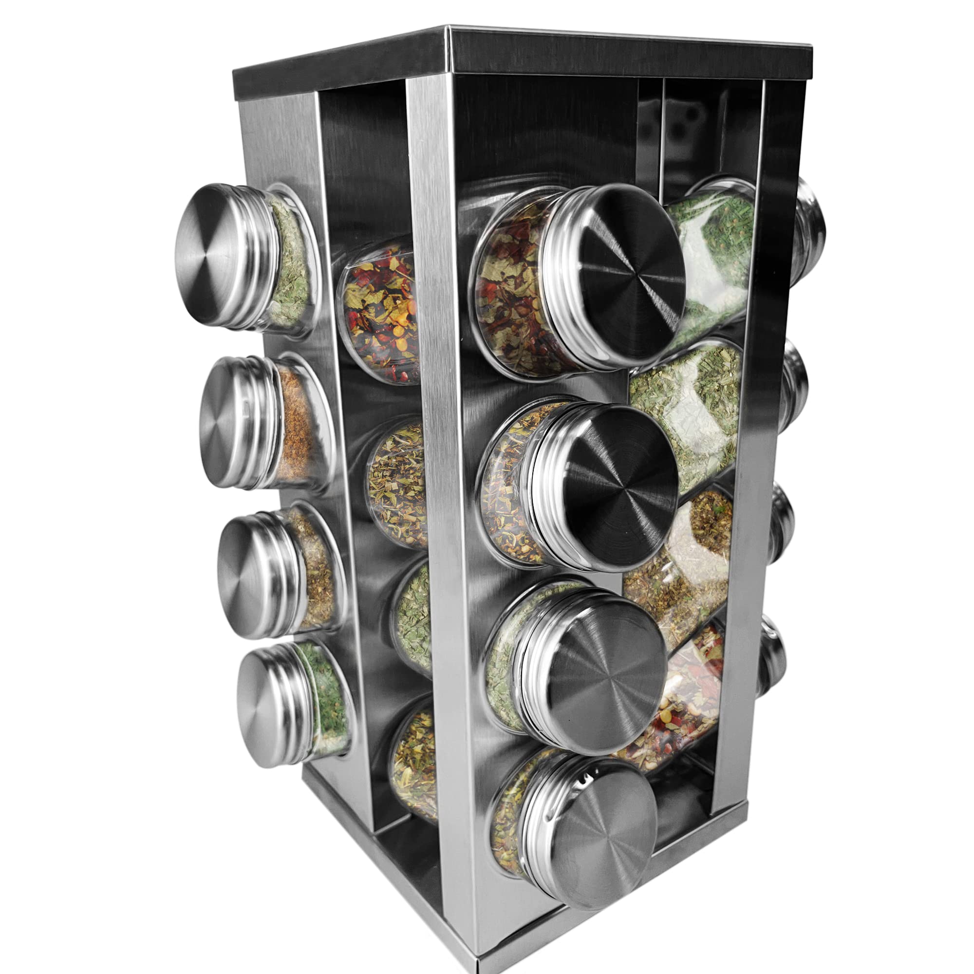 Finetree Silver 16 Jar Revolving Spice Rack With Glass Bottles Rotating For Herbs Spices Holder Seasoning Storage Organizer