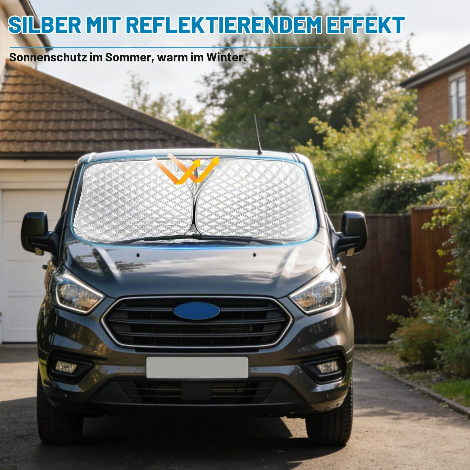 Thermomatte Fahrerhaus Innen für 2012-2022 Ford Transit Custom Tourneo Custom, 3 Stück Faltbare Isolierte Sonnenschutz Frontscheibe Innen für Wohnmobil Privatsphäre & Blockiert UV Strahlen