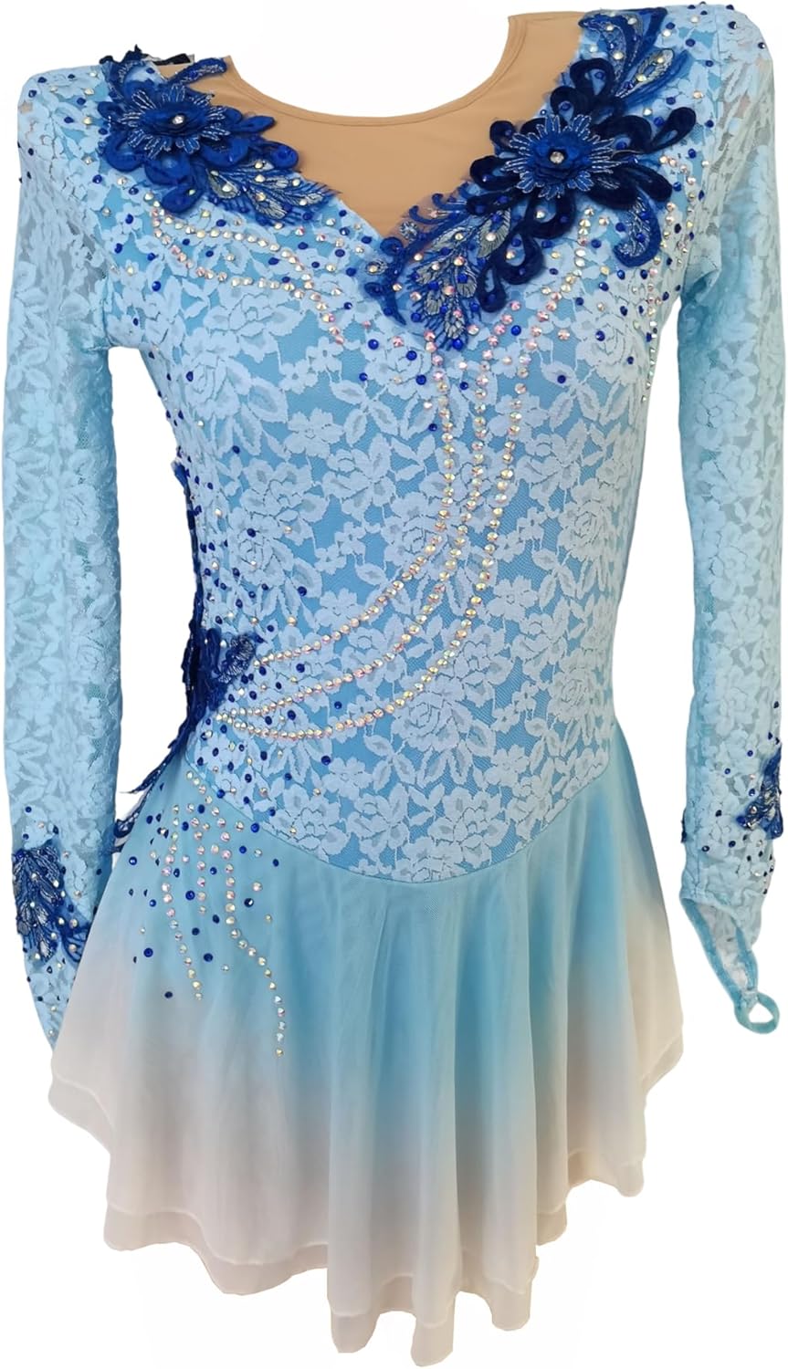 LIUHUO Figure Skating Dress Blue lace Gradient Skirt Girls Competition Performance