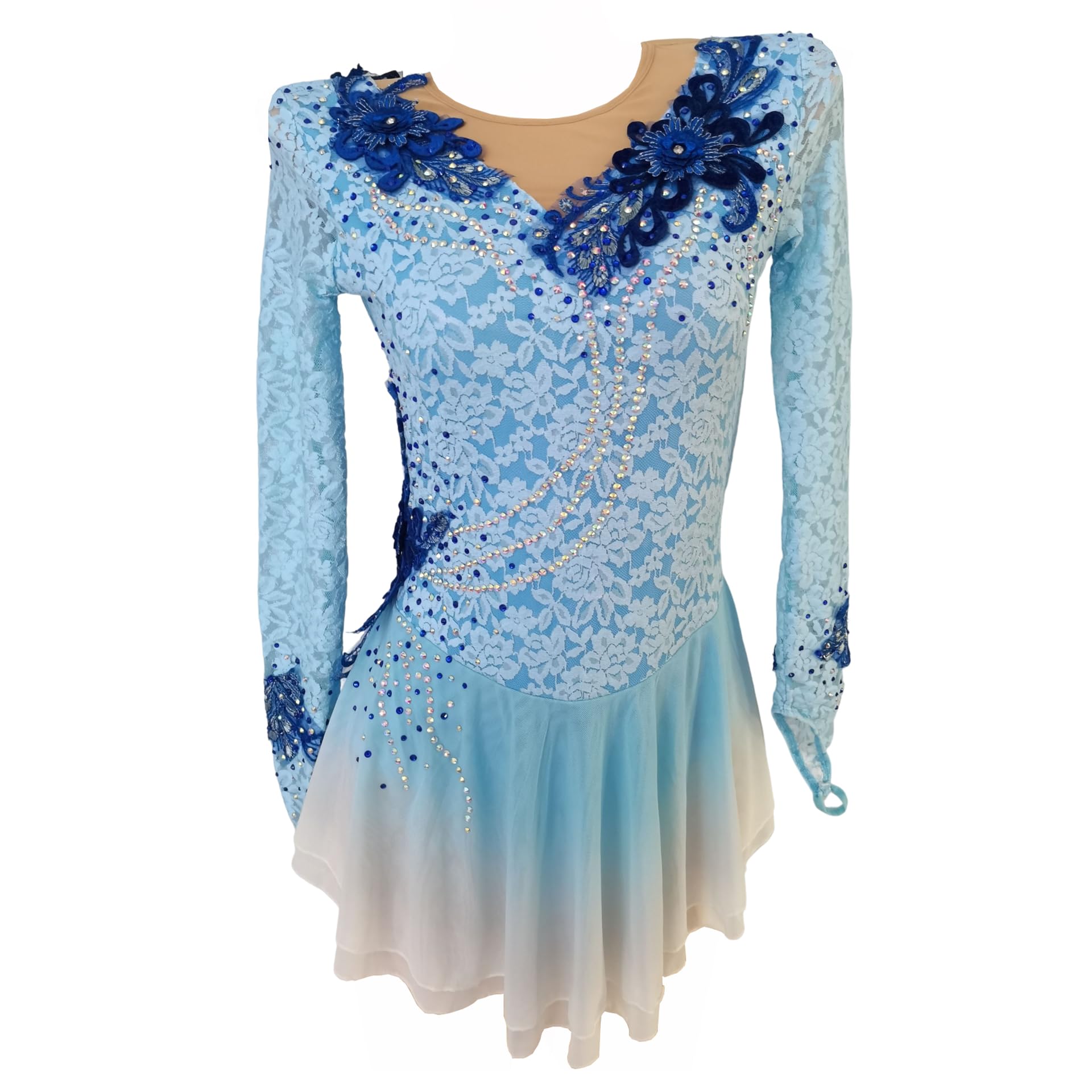 LIUHUO Vestido de patinaje artístico Falda degradado de encaje azul para niñas Rendimiento de competición