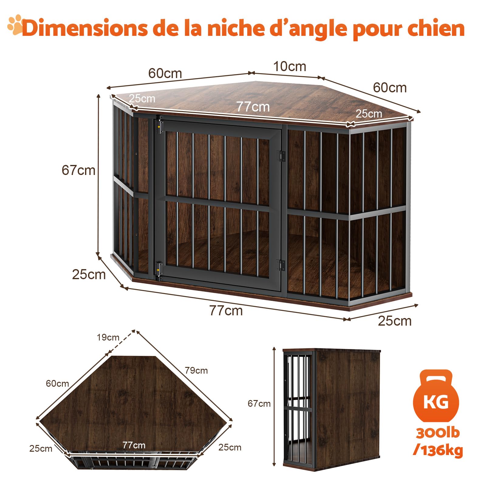 Gimars Meuble d’Angle pour Chien, Cage Décorative en Bois, Table d’Appoint Intérieure pour Chien de Petite et Moyenne Taille, Marron