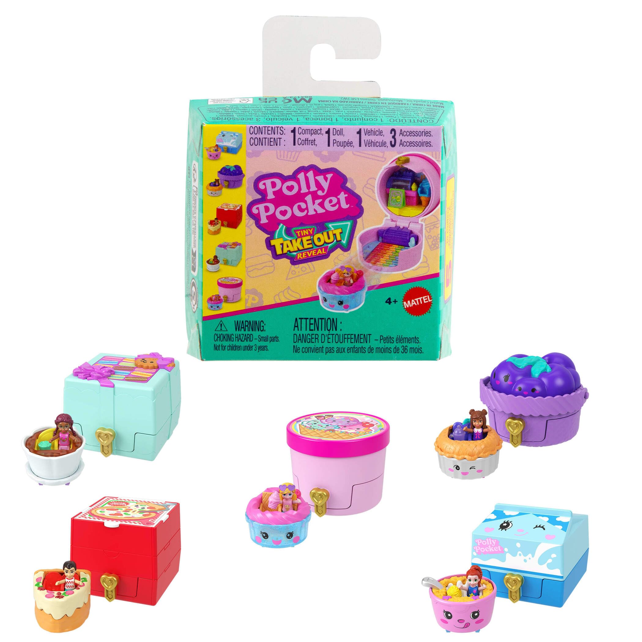 Polly Pocket Micro Dolls & Compacts with Toy Cars, Food Theme