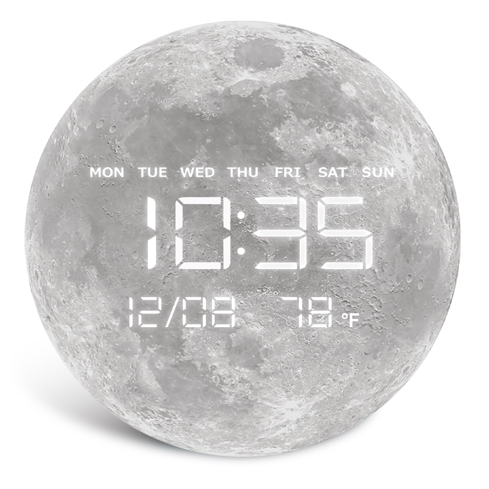 Reloj de pared digital, diseño LED de luna/tierra, pantalla de temperatura, 7.87 x 7.87 pulgadas (luna, 12.59 pulgadas)