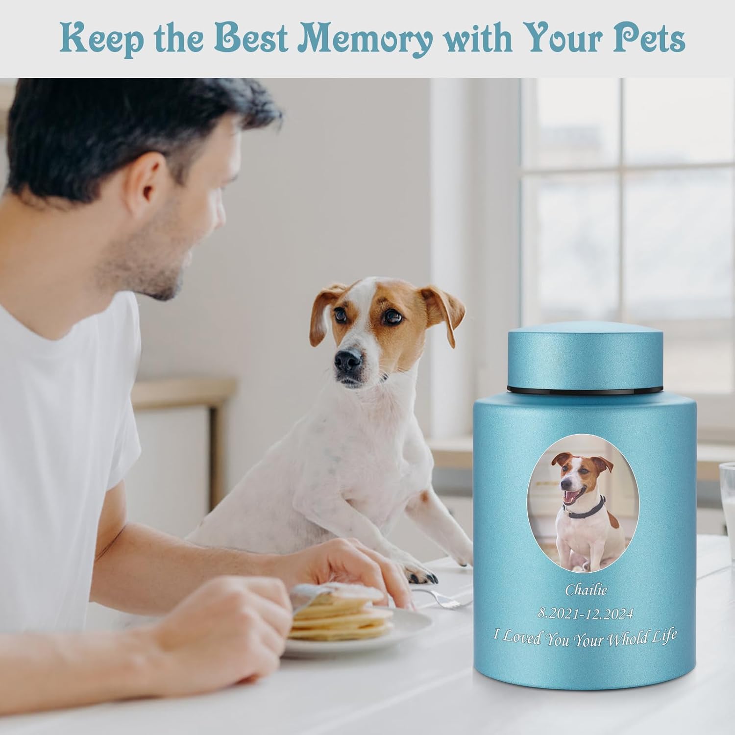 Photo Custom Cremation Urns for Human Ashes, Personalized Funeral Urn Stainless Steel Memorial Urns, 5.9 Inches Medium Decorative Keepsake for Human Ashes - Matt Blue