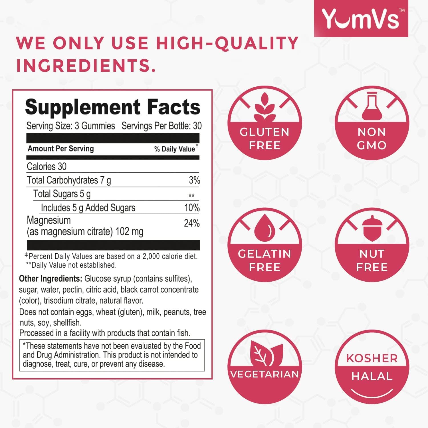 Magnesium Citrate Gummies by YumVs | 900mg Magnesium Citrate (102mg of Elemental Magnesium) | Highly Absorbable Citrate | Supports Nerve, Enzyme & Muscle Function for Adults | 90 Count