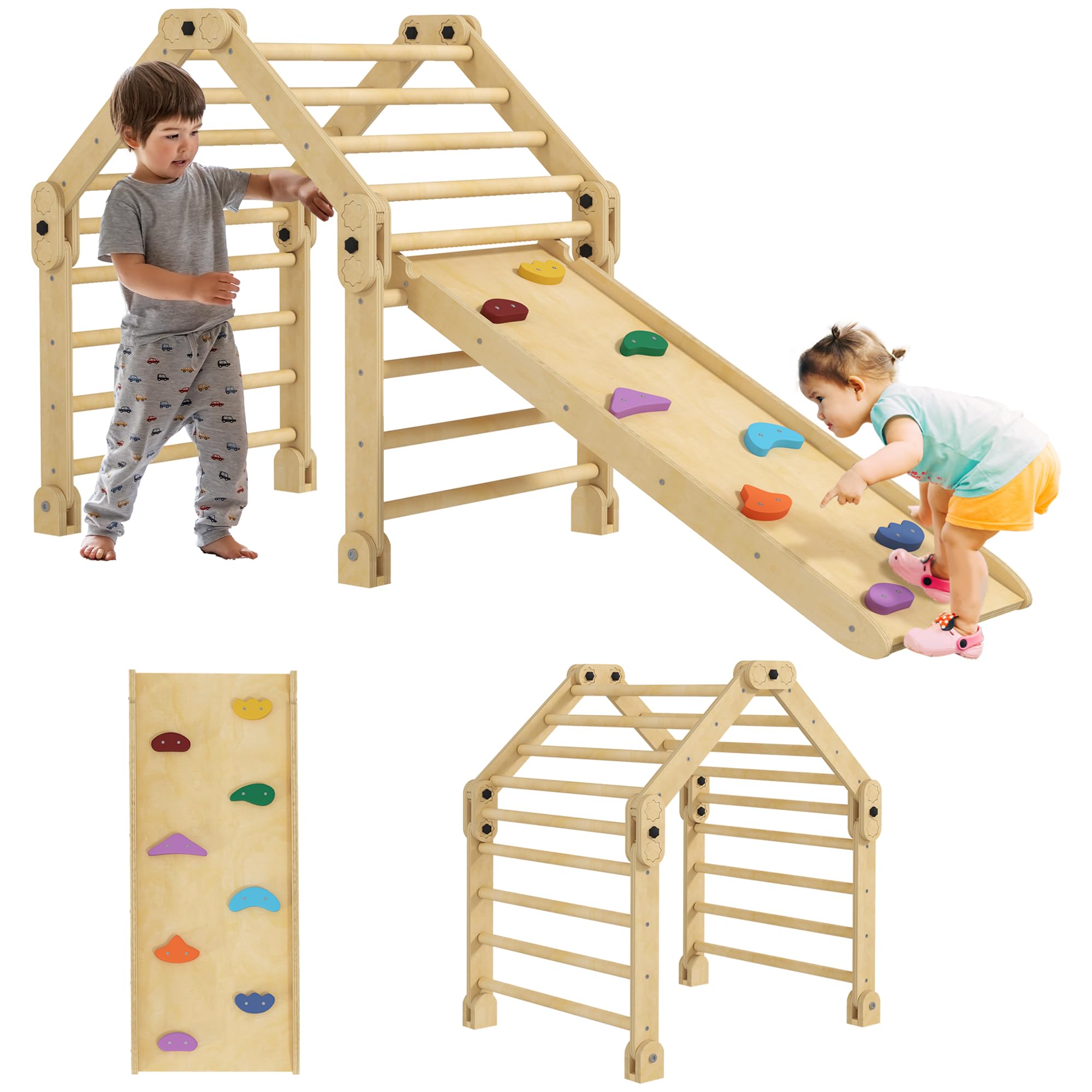 AIYAPLAY 3 in 1 Montessori Klettergerüst mit Rutsche für 1,5-4 Jahre | Indoor, Holz Kletterdreieck, Kletterwand, Indoor Spielplatz, für Kleinkinder und Kinder