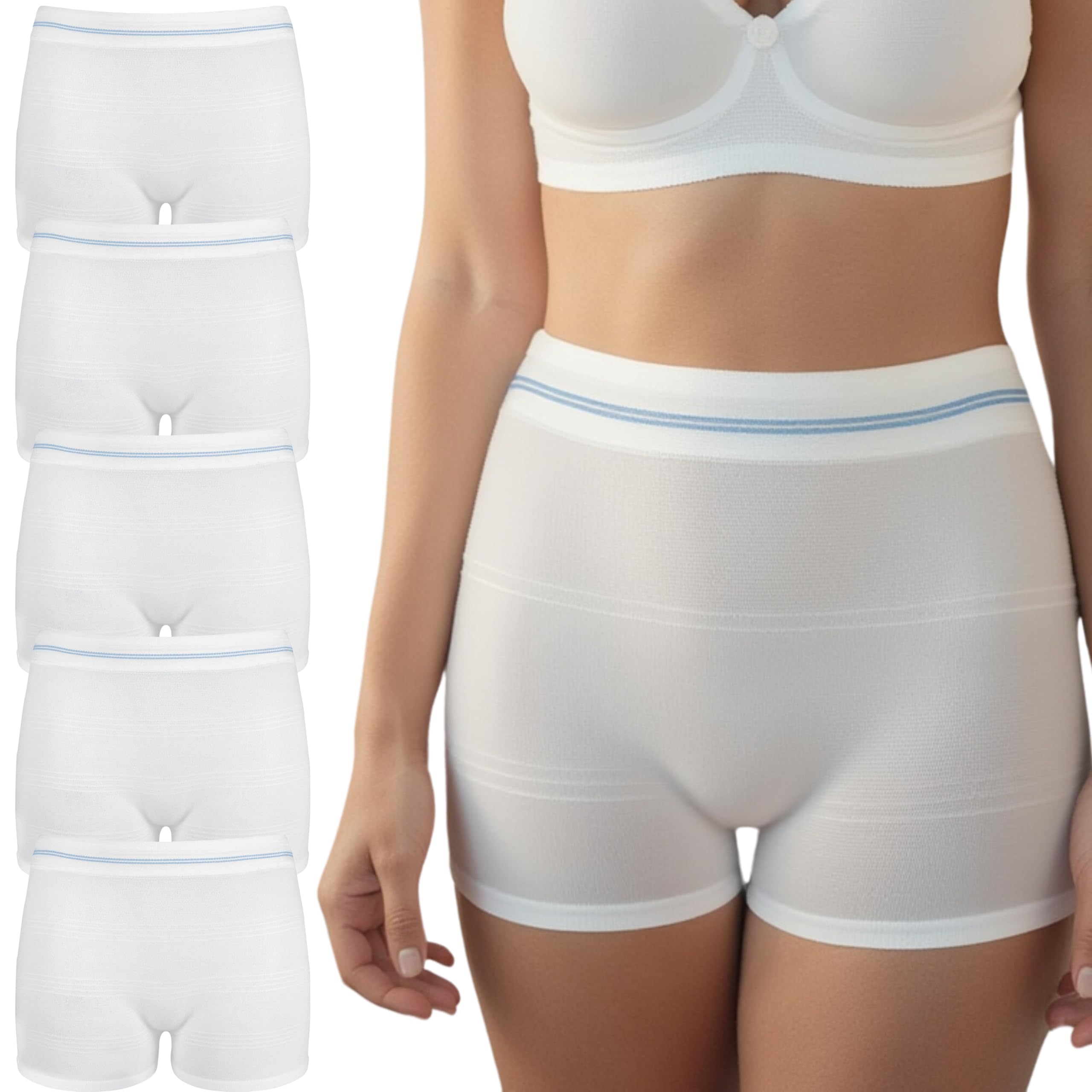 Disposable Postpartum Underwear (5 Pack) | Stretchy High Waist Boyshorts for C-Section, Surgery Recovery | Mesh Underwear for Women | Postpartum Essentials | One Size Fits Most (28"-48") White-image-41