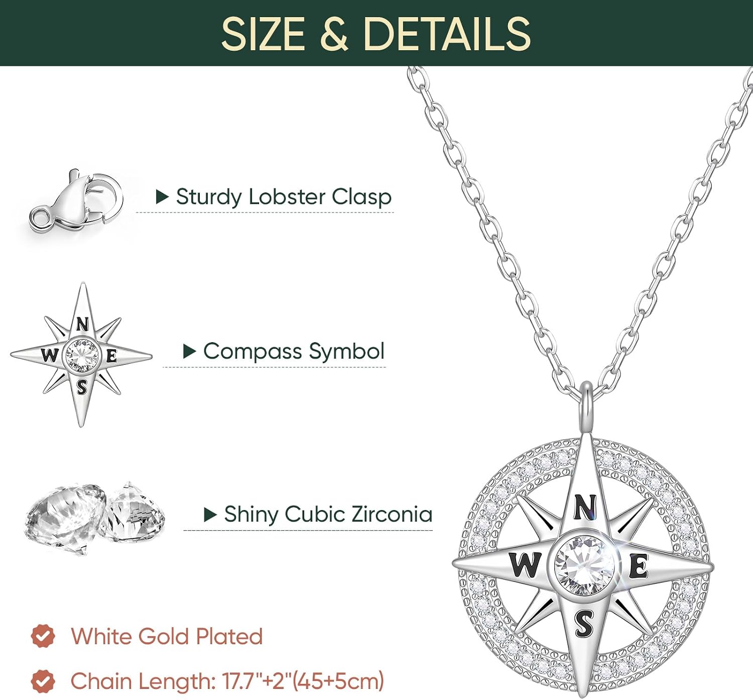 XUANPAI Compass Necklace for Women, 14K Gold Plated Compass Pendant Necklace with Cubic Zirconia, Dainty Everyday Fashion Jewelry, Inspirational Good Luck Gift for Women Wife Girlfriend Best Friend