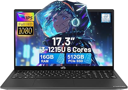 NIMO 17.3" IPS FHD-Laptop, Intel 6 Cores i3-1215U 16GB RAM 512GB SSD (Beat Ryzen 5 7520U, Up to 4.4GHz) Computer with 65W GaN Type C Fingerprint Backlit Keyboard, for Home Student and Business Gray