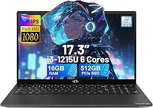 NIMO 17.3" IPS FHD-Laptop, Intel 6 Cores i3-1215U 16GB RAM 512GB SSD (Beat Ryzen 5 7520U, Up to 4.4GHz) Computer with 65W GaN Type C Fingerprint Backlit Keyboard, for Home Student and Business Gray