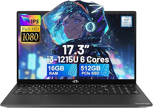 NIMO 17.3" IPS FHD-Laptop, Intel 6 Cores i3-1215U 16GB RAM 512GB SSD (Beat Ryzen 5 7520U, Up to 4.4GHz) Computer with 65W GaN Type C Fingerprint Backlit Keyboard, for Home Student and Business Gray