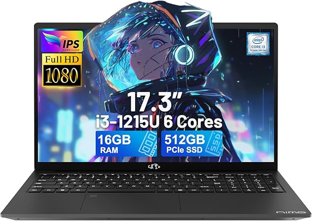 NIMO 17.3" IPS FHD-Laptop, Intel 6 Cores i3-1215U 16GB RAM 512GB SSD (Beat Ryzen 5 7520U, Up to 4.4GHz) Computer with 65W GaN Type C Fingerprint Backlit Keyboard, for Home Student and Business Gray