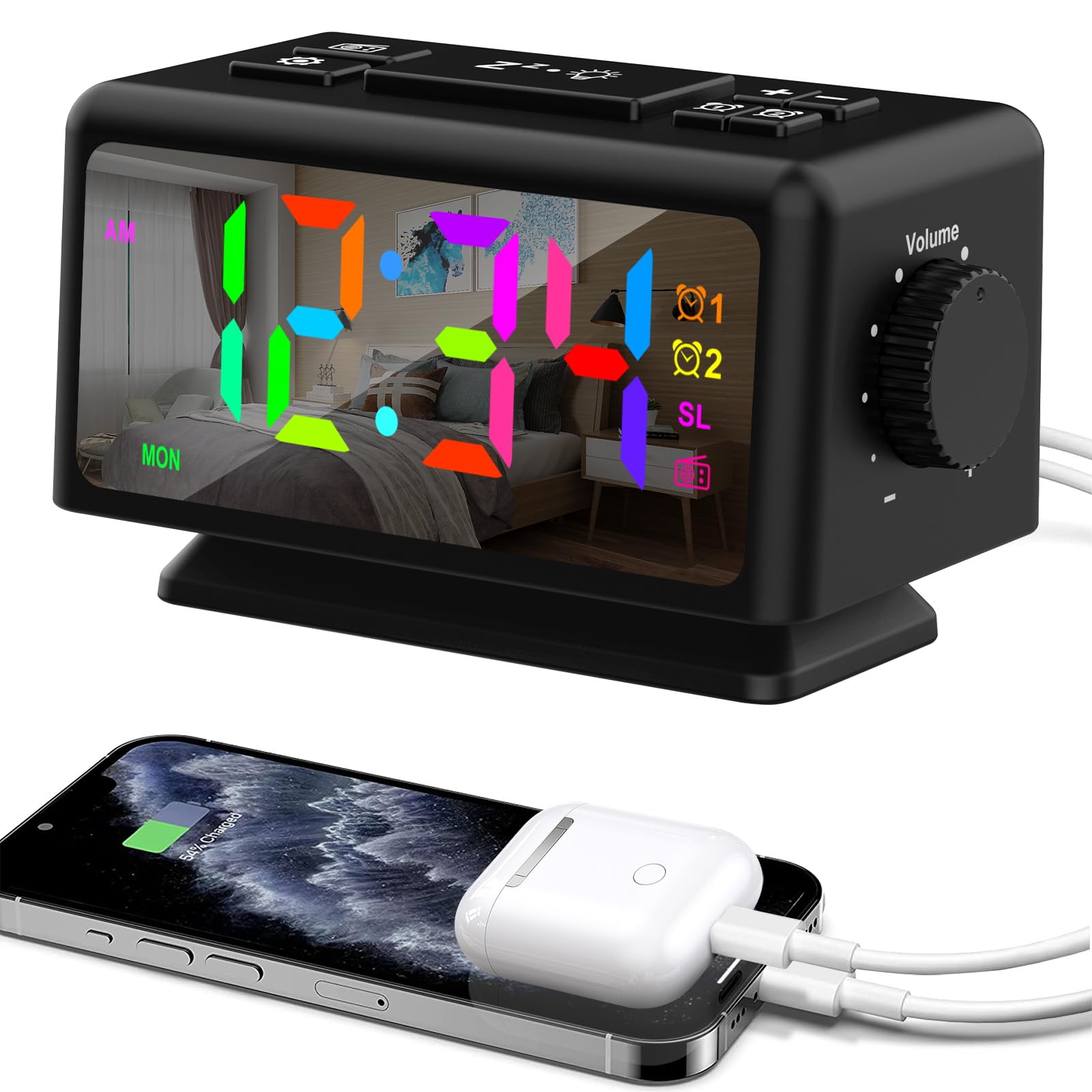 Réveil radio RVB à double port USB et 11 couleurs pour table de chevet