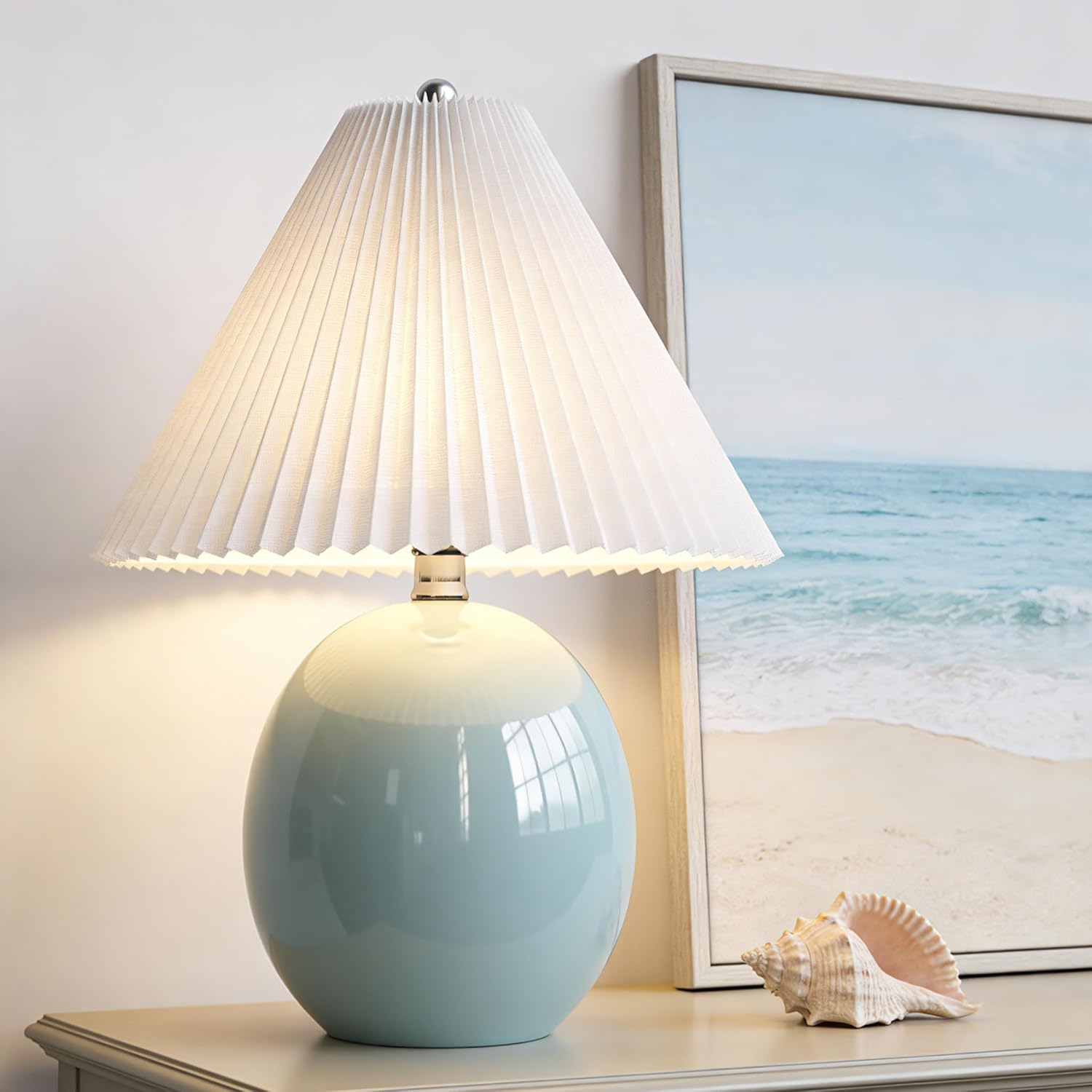 Maxax 20.5" Blue Table Lamp for Living Room, Coastal Ceramic Lamp with Pleated Fabric Shade, Modern Blue Globe Bedside Nightstand Lamp for Bedroom Home Office