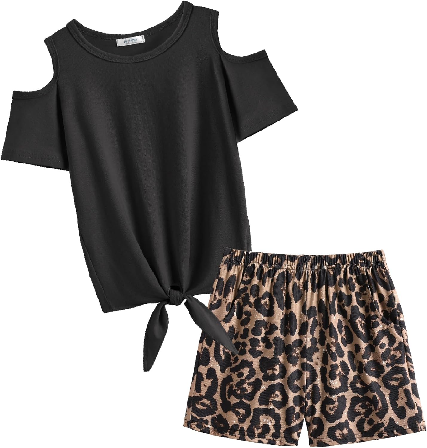 Arshiner Girls Short Sets 2 Pieces Outfits Short Sleeve Tie Knot T-Shirts and Casual Shorts With Pockets Cute Clothes Sets