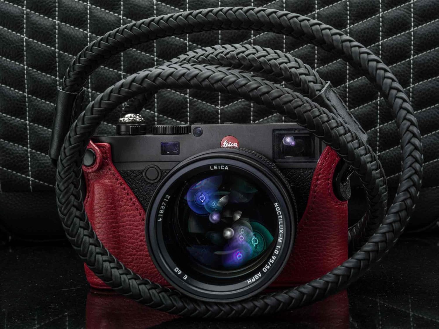 Vi Vante Leather Braided Camera Strap Matador Noir w/Electroplated Rings, Hand-Made 47 inches