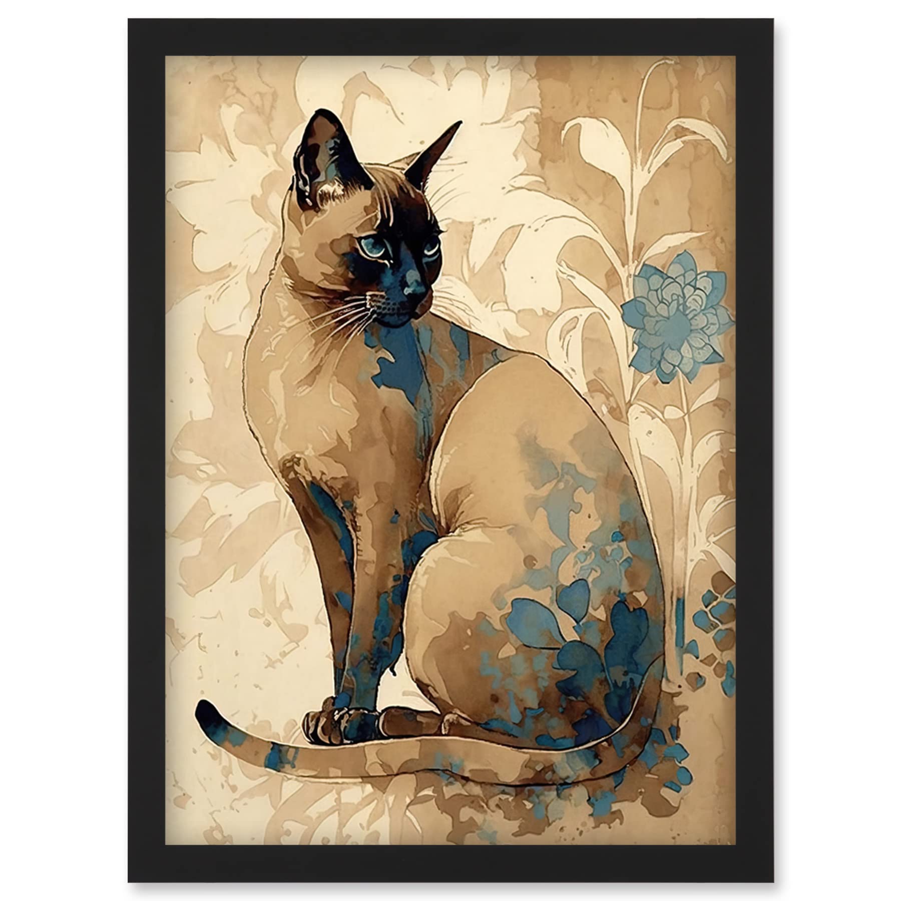Artery8 Tonkinese Cat With Blue Flower Modern Watercolour Illustration Wall Art PrintA4 Size from B&Q