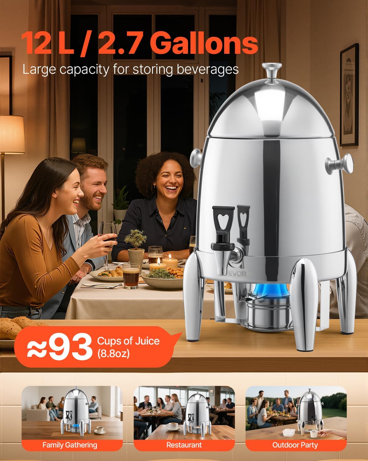 VEVOR Stainless Steel Beverage Dispenser, 2.7 Gallon Drink Dispenser with Alcohol Burner, Hot & Cold Drink Dispensers for Coffee Tea Hot Water, with Spigot Ice Tube, for Restaurants, Hotels, Parties