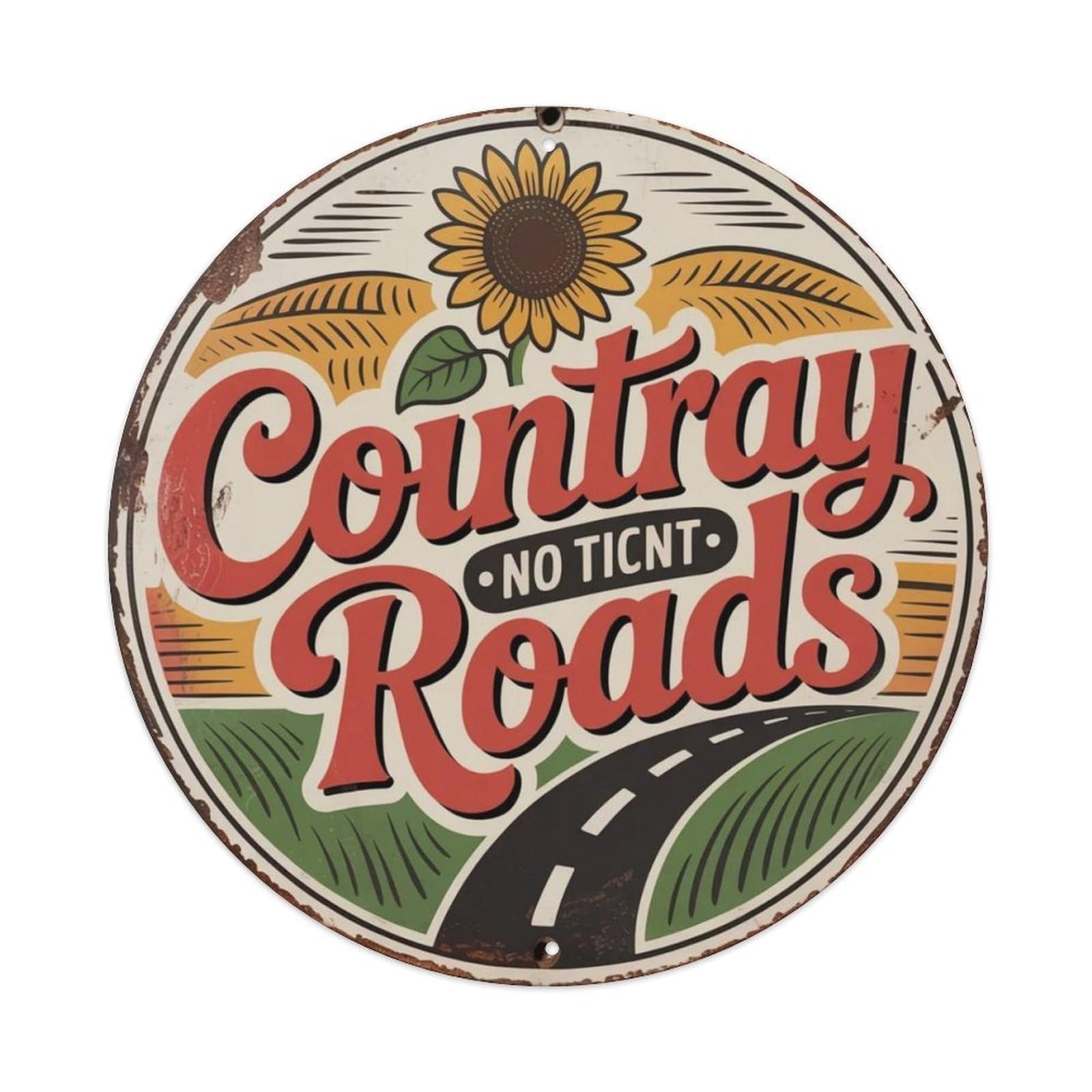 Country Roads Hand Drawn Metal Tin Sign Plaque