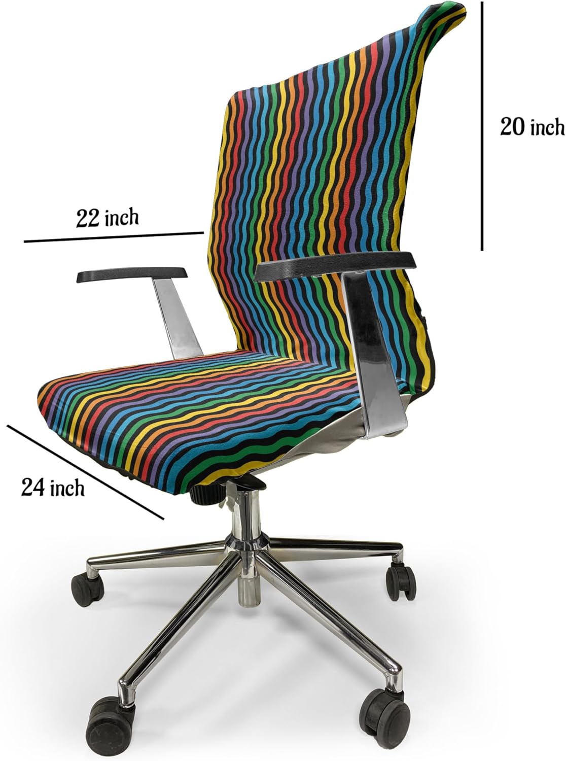 Ambesonne Purple and Yellow Office Chair Cover, Rainbow Like Colorful Optical Illusory Vertical Repetitive Wavy Stripes, Stretchable Decorative Universal Size High Back Printed Slipcover, Blue Black