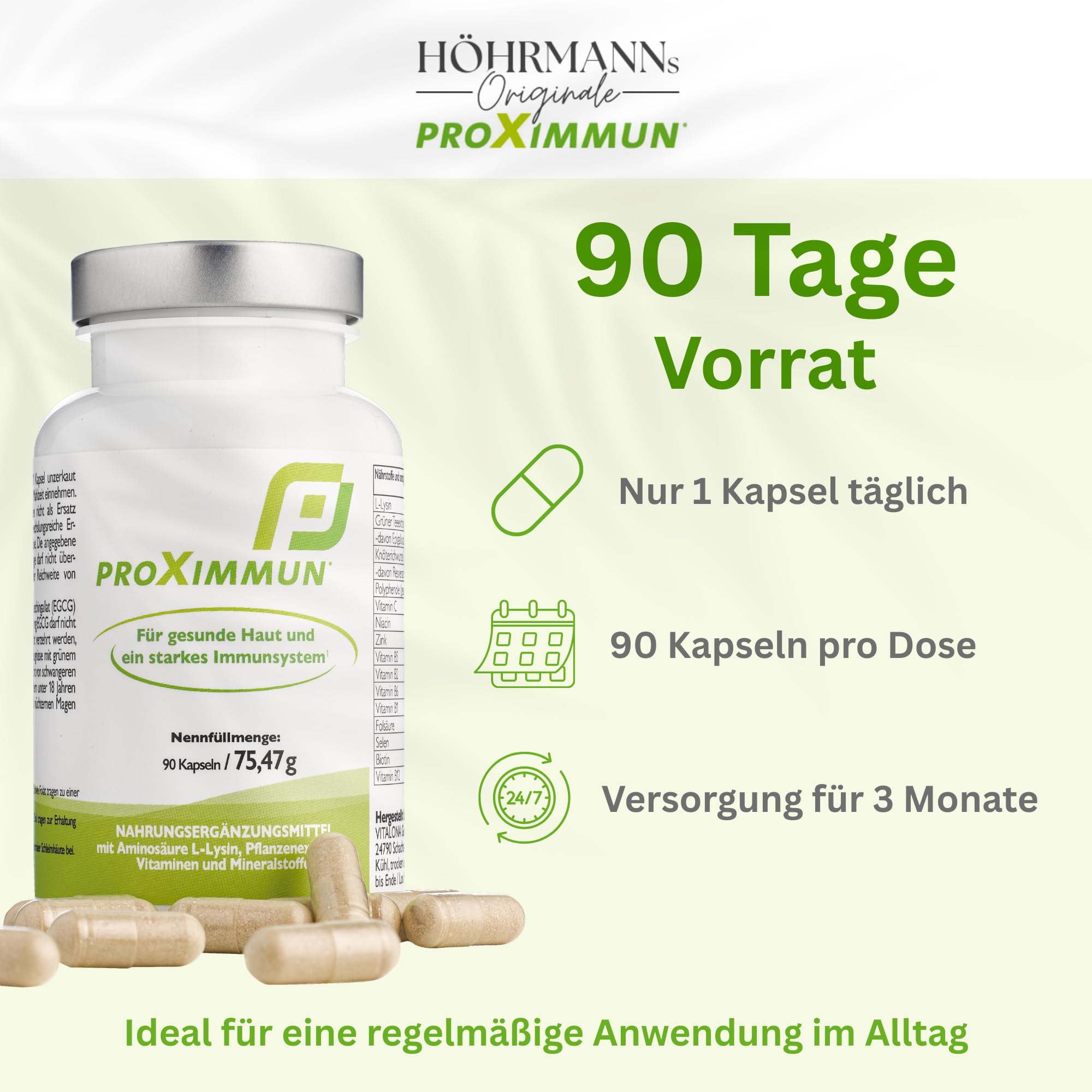 proXimmun L-Lysin Komplex – mit Zink, Selen, Vitamin C & B-Vitaminen, EGCG & Resveratrol – Nahrungsergänzungsmittel für gesunde Haut & starkes Immunsystem – 3 Monate Vorrat – hergestellt in Dtl.