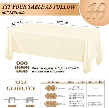 10 Pack 60 x 126 Inch Rectangle Tablecloth, Beige Tablecloth for 8 Feet Rectangle Tables, Stain and Wrinkle Resistant Washable Fabric Table Cloth for Wedding Dining Table Buffet Parties Camping