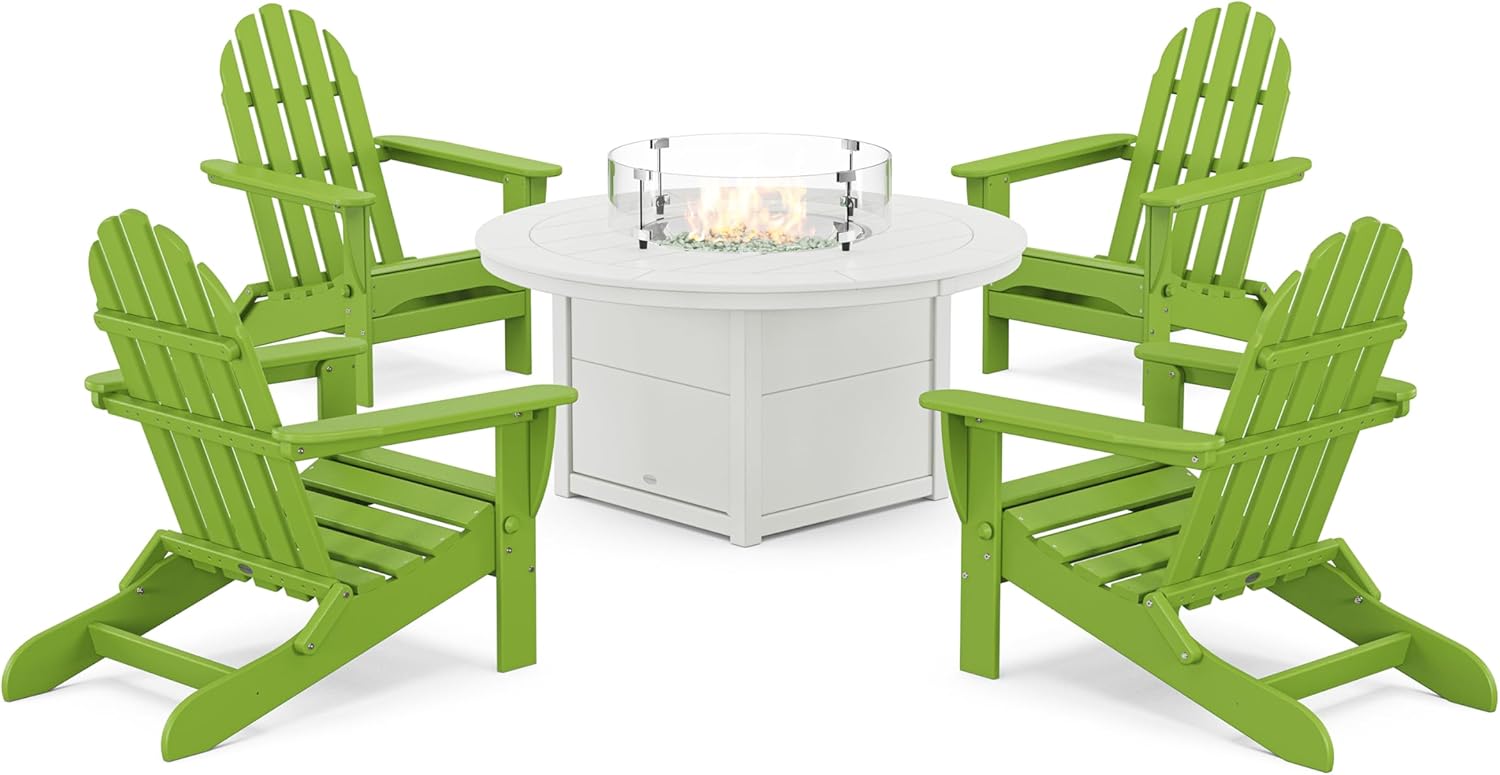 Polywood® Classic Folding Adirondack 6-Piece Conversation Set with Fire Pit Table (Teak)