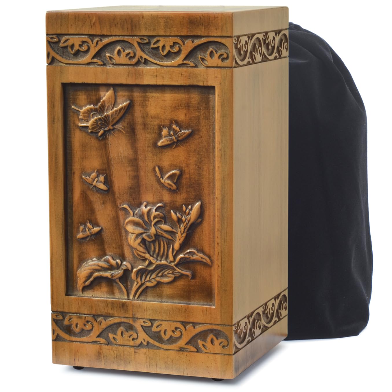 engmvwod Handmade Wooden Engraved Urn for Human Ashes Adult Male Female Satin Bag Cremation urns Box (Butterfly(250lbs))