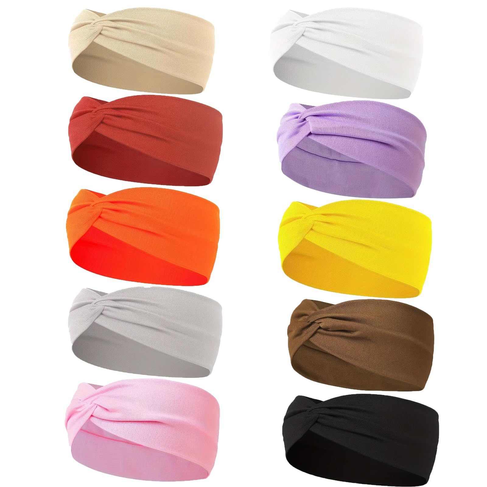 Zilotusnte 10 Pcs Wide Absorbent Sport Headbands for Women, Non-slip, Stretchy, Soft Cotton Twist Knotted Hair Bands for Daily Workout Yoga Running