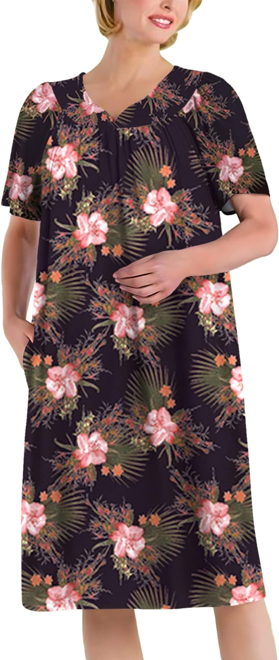 EkouaerWomen's Nightgown Short Sleeve Lounger House Dress-Floral Mumu Patio Dress with Pockets S-XXXL, Floral Black, 3X-Large