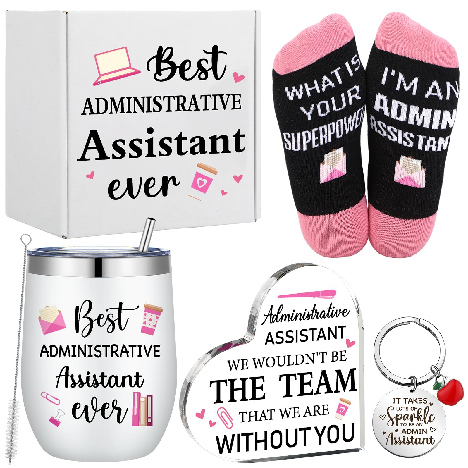 FoldTier 5 Pcs Administrative Assistant Gifts Set 12oz Tumbler Socks Keychain Heart Acrylic Sign Box Admin Professional Day Secretary Thank You Gift for Women Lady Coworkers Office